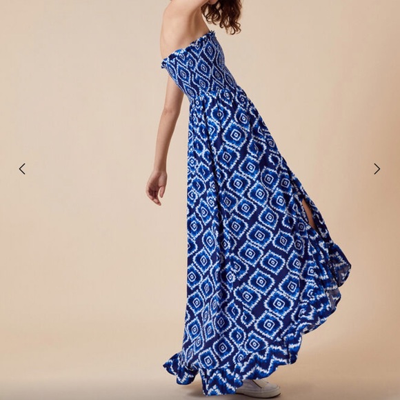 Monsoon Beach Tropical Print Shirred Bandeau Floaty Dress Front Slit Size Small - Picture 4 of 17